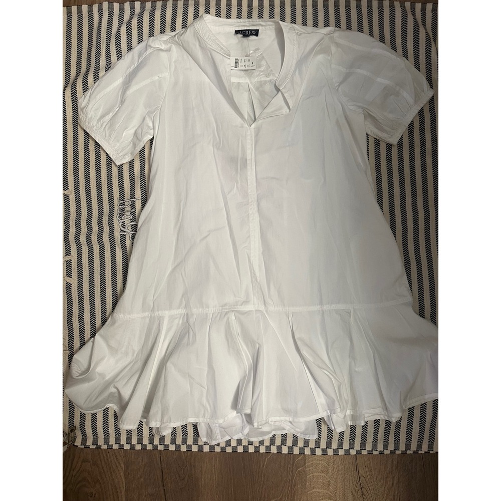 J.Crew White 100%Cotton Poplin Ruffle Hem Puff Sleeve Mini Dress‎ NWT